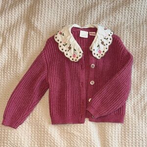 ZARA Kids Embroidered Collar Knit Cardigan - Pink